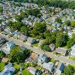 Aerial view of single family homes, a residential district